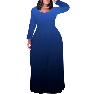 Women's Long Sleeve V Neck Loose Dress Solid Gradient Tie Dye A-Line Dress Plus Size Curve Fit Cocktail Dresses