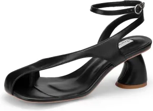 Women's Metallic Silver Curved Chunky Heeled Sandals & Square Open Split Toe Adjustable Ankle Strap Heels 2.4 Inch