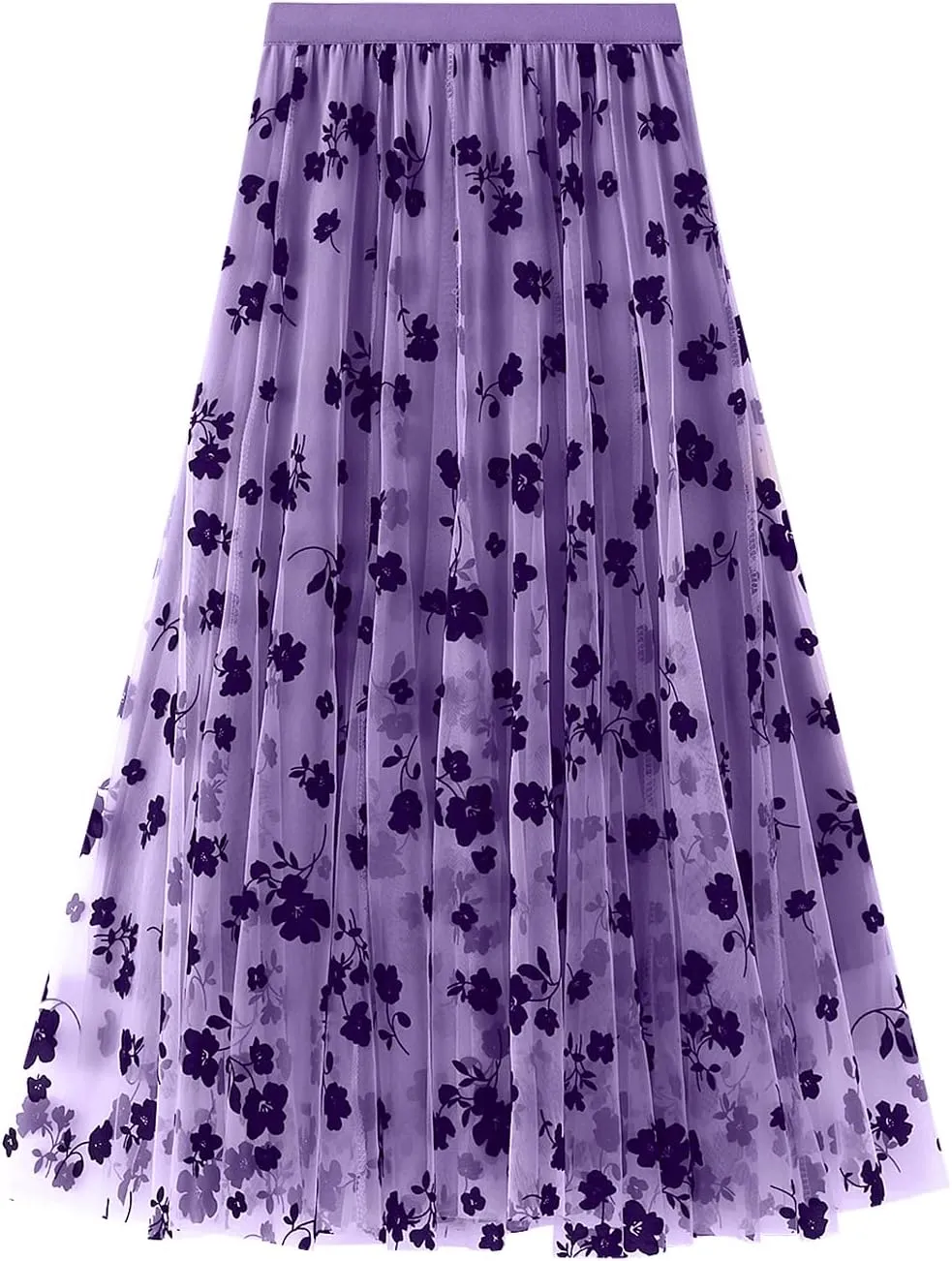 Women's Midi Length Skirt 3D Layered Floral Printed Elastic Waist Tulle Midi Skirts