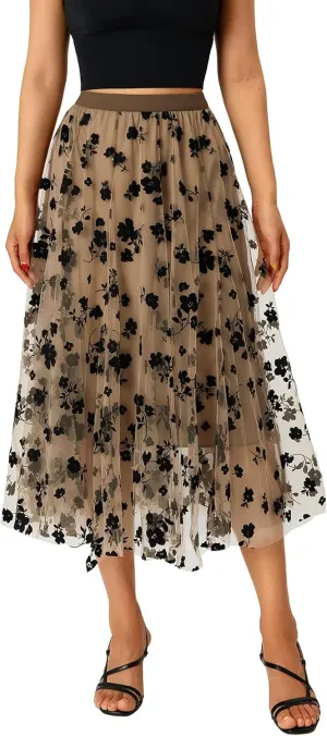 Women's Midi Length Skirt 3D Layered Floral Printed Elastic Waist Tulle Midi Skirts
