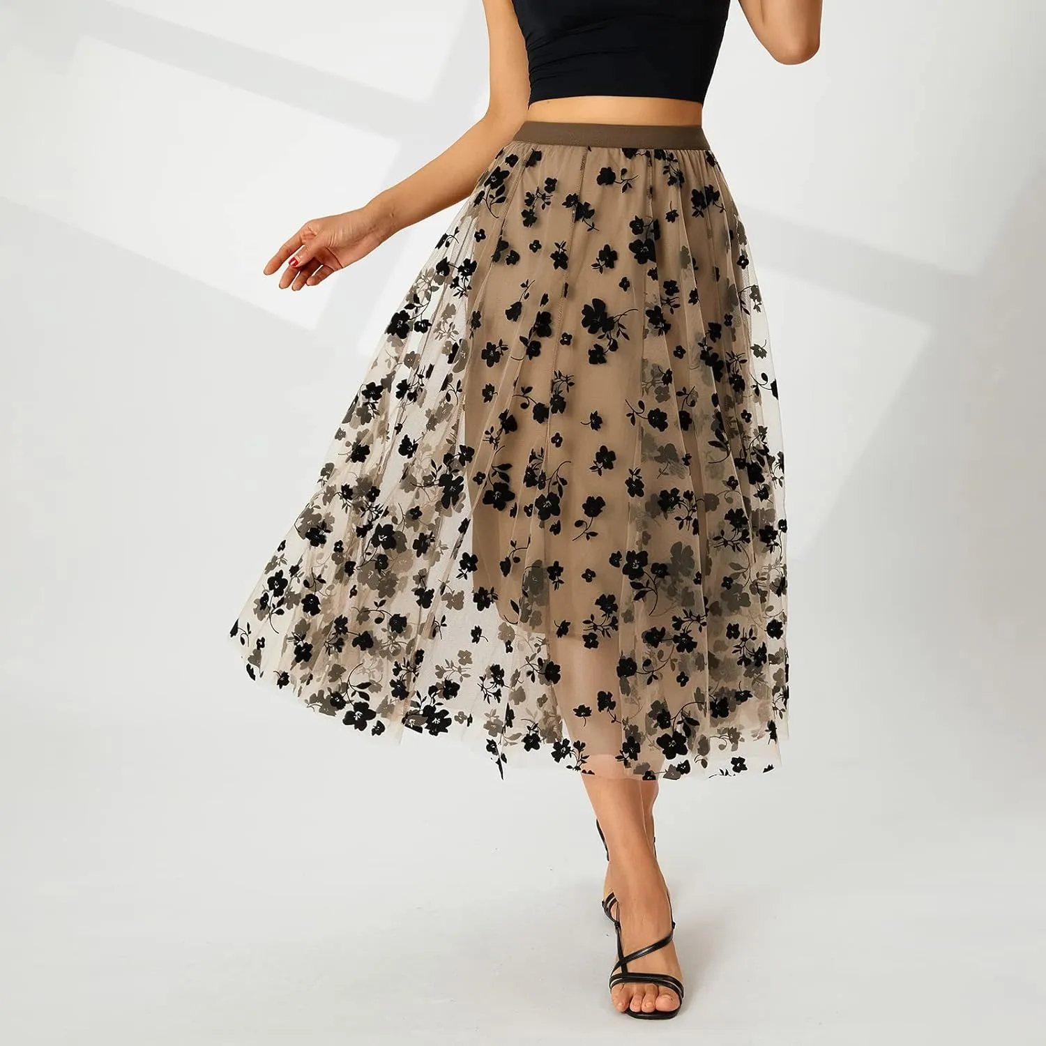 Women's Midi Length Skirt 3D Layered Floral Printed Elastic Waist Tulle Midi Skirts