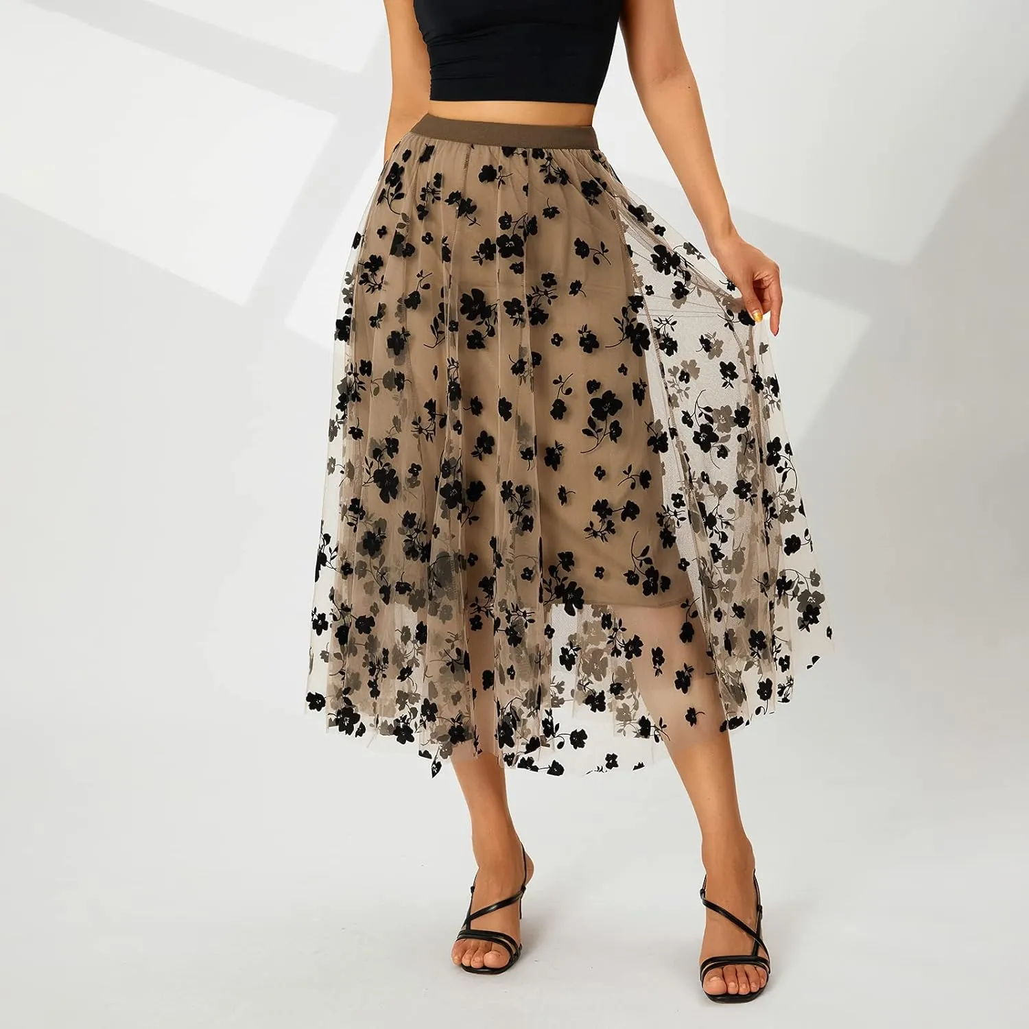 Women's Midi Length Skirt 3D Layered Floral Printed Elastic Waist Tulle Midi Skirts