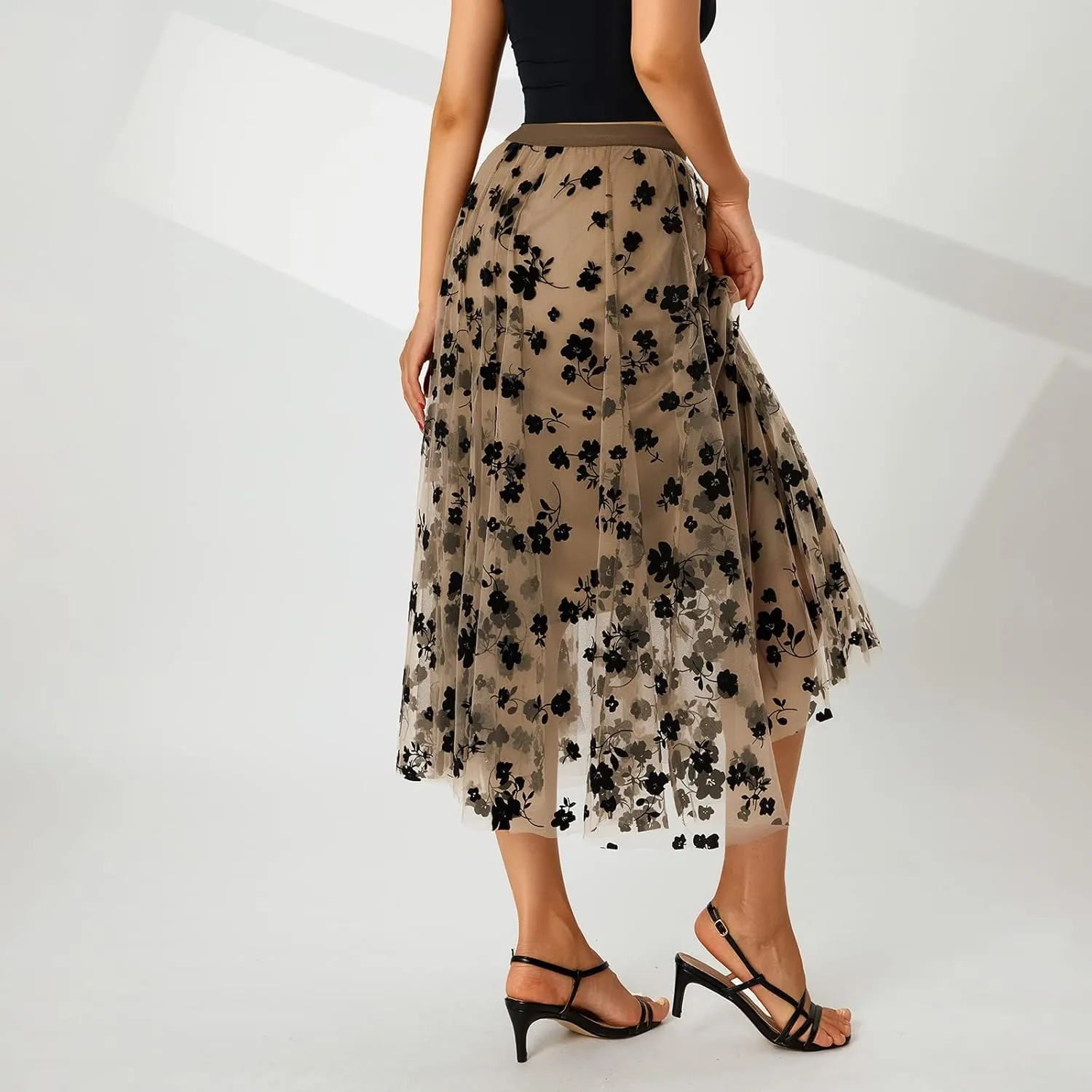 Women's Midi Length Skirt 3D Layered Floral Printed Elastic Waist Tulle Midi Skirts