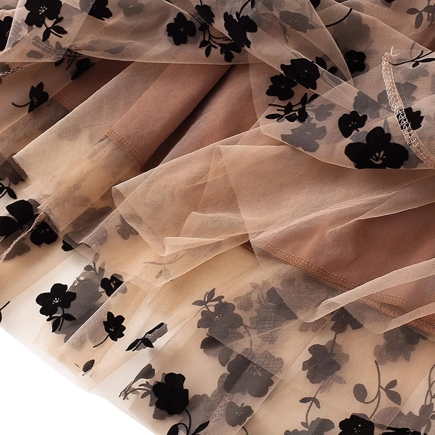 Women's Midi Length Skirt 3D Layered Floral Printed Elastic Waist Tulle Midi Skirts