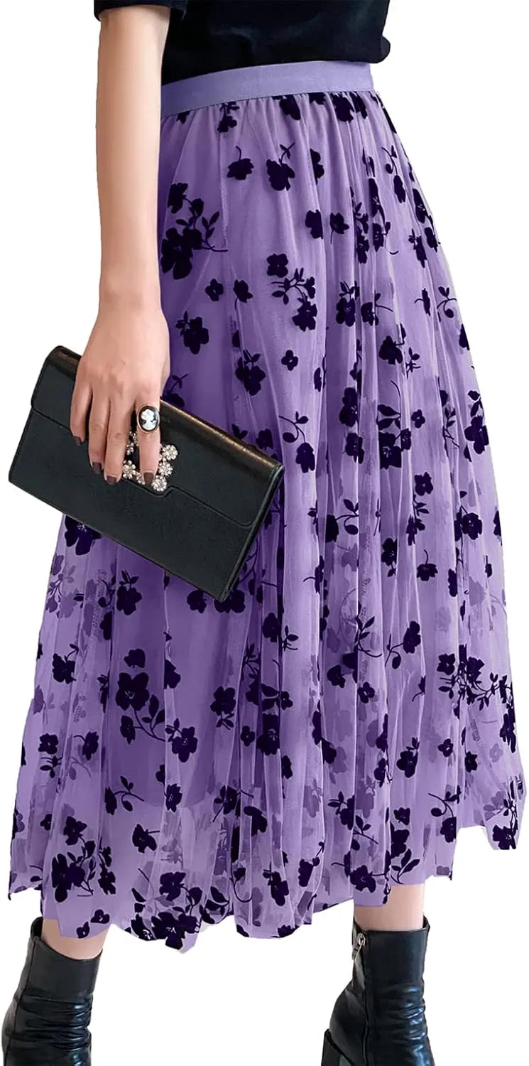 Women's Midi Length Skirt 3D Layered Floral Printed Elastic Waist Tulle Midi Skirts