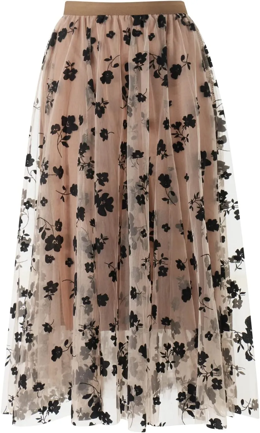 Women's Midi Length Skirt 3D Layered Floral Printed Elastic Waist Tulle Midi Skirts