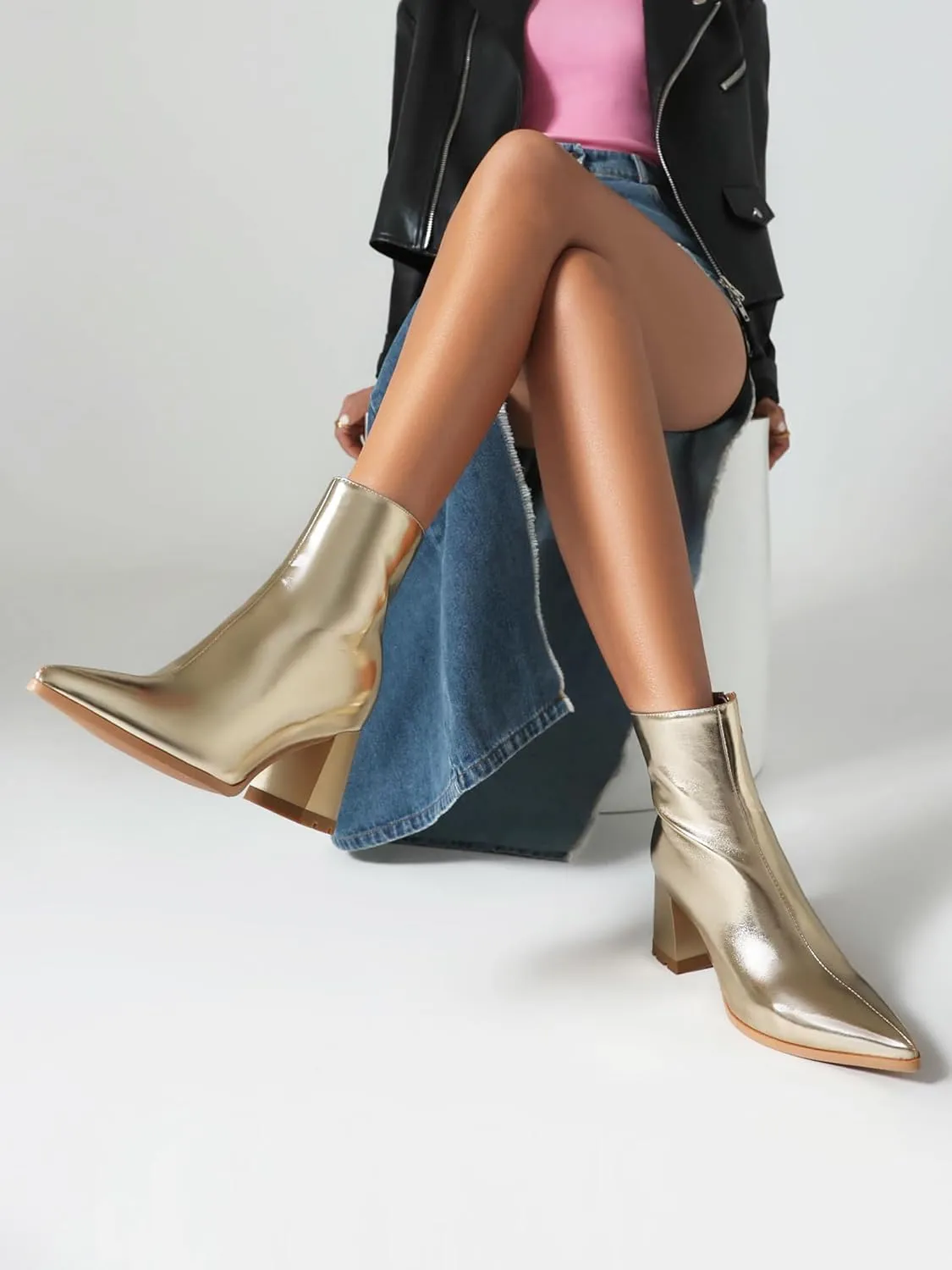 Women's Pointed Toe Boots Block Chunky Heel Ankle Booties