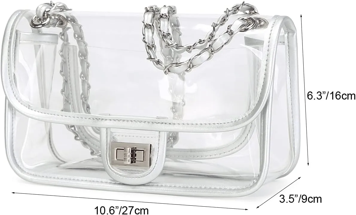Womens PVC Clear Purse Handbag with Chain Stadium Approved Clear Bag See Through Bag for Working and Concert