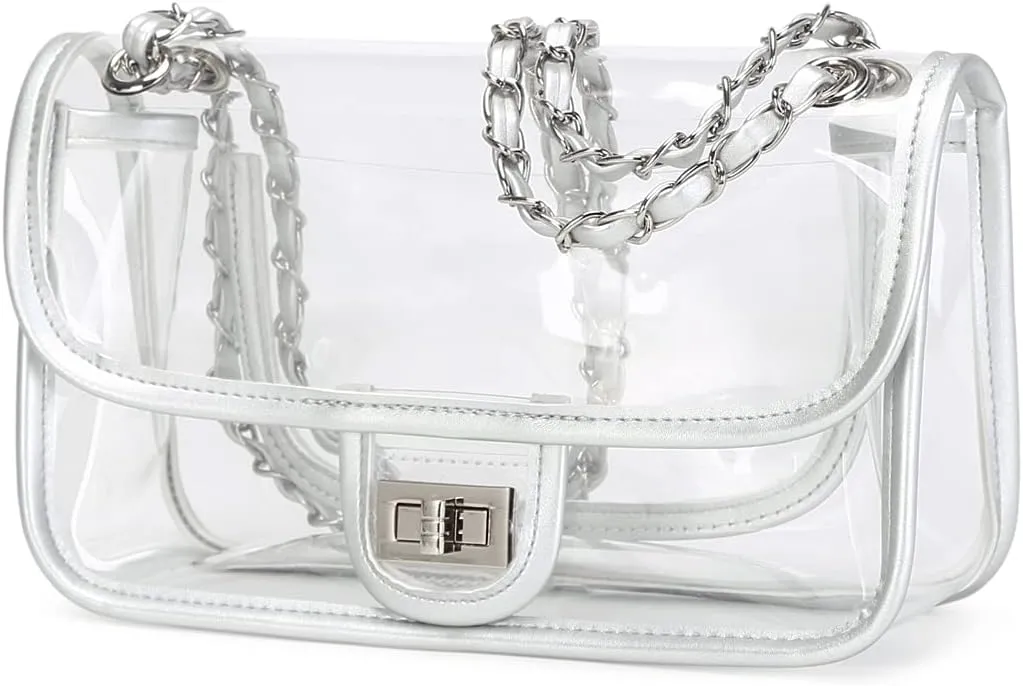 Womens PVC Clear Purse Handbag with Chain Stadium Approved Clear Bag See Through Bag for Working and Concert