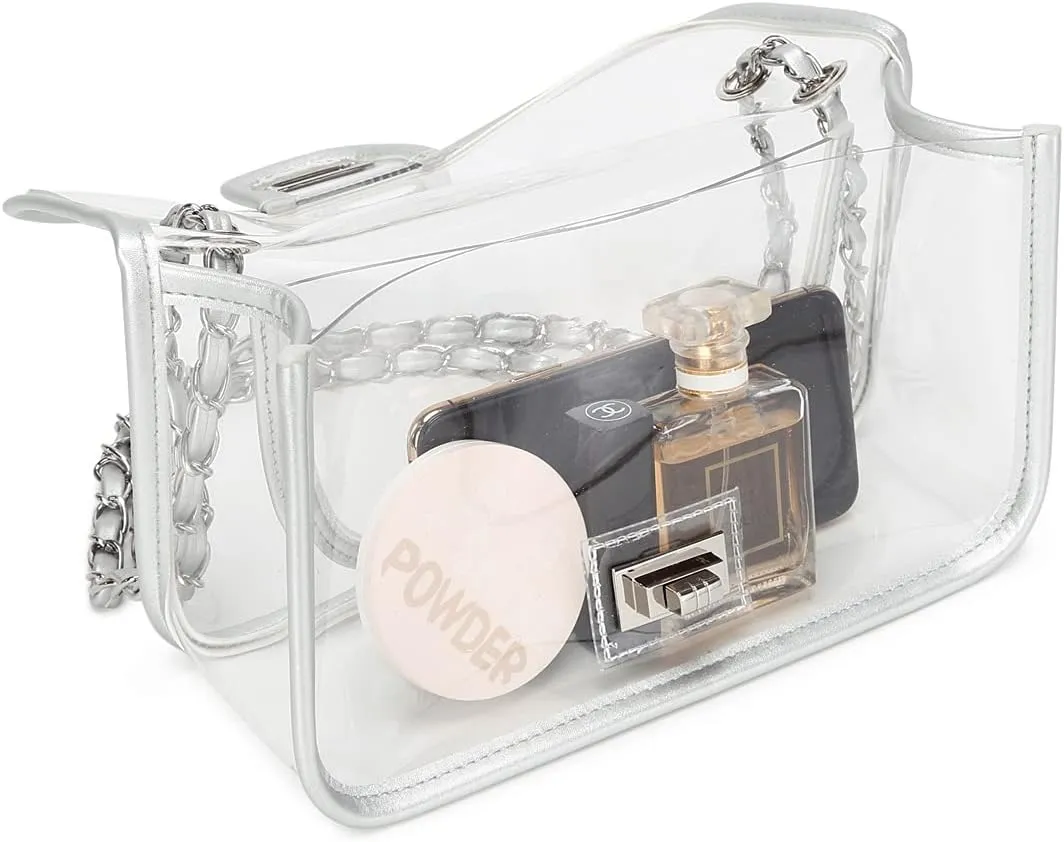 Womens PVC Clear Purse Handbag with Chain Stadium Approved Clear Bag See Through Bag for Working and Concert