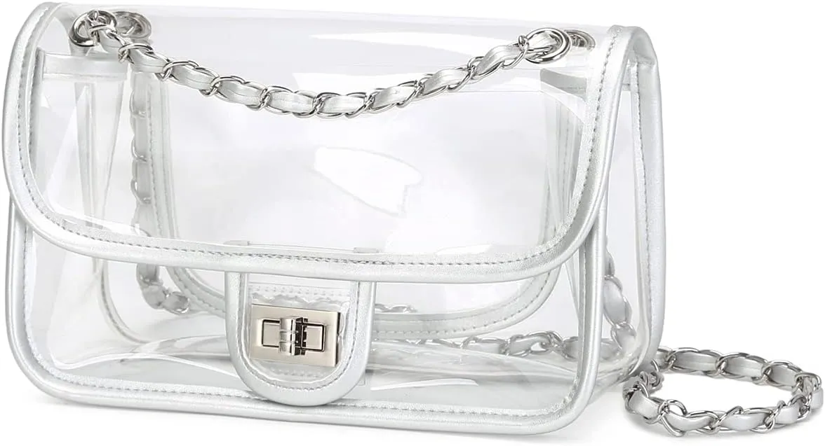 Womens PVC Clear Purse Handbag with Chain Stadium Approved Clear Bag See Through Bag for Working and Concert
