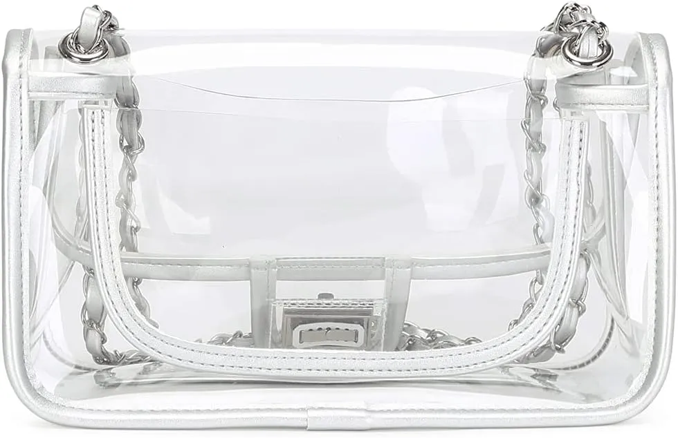 Womens PVC Clear Purse Handbag with Chain Stadium Approved Clear Bag See Through Bag for Working and Concert