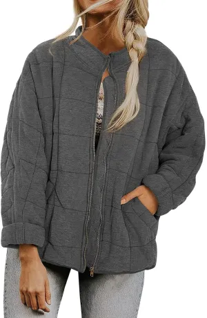 Women'S Quilted Lightweight Jackets Fall Casual Puffer Jacket Warm Winter Bomber Coats Oversized Outerwear Pockets