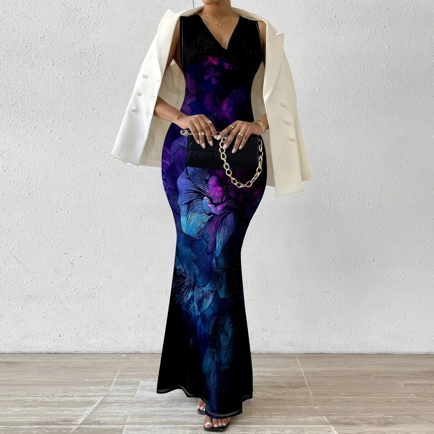 Women's Sexy V Neck Sleeveless Fitted Dress Elegant Curve Pencil Skirt Beach Party Sundress Festival Evening Dress
