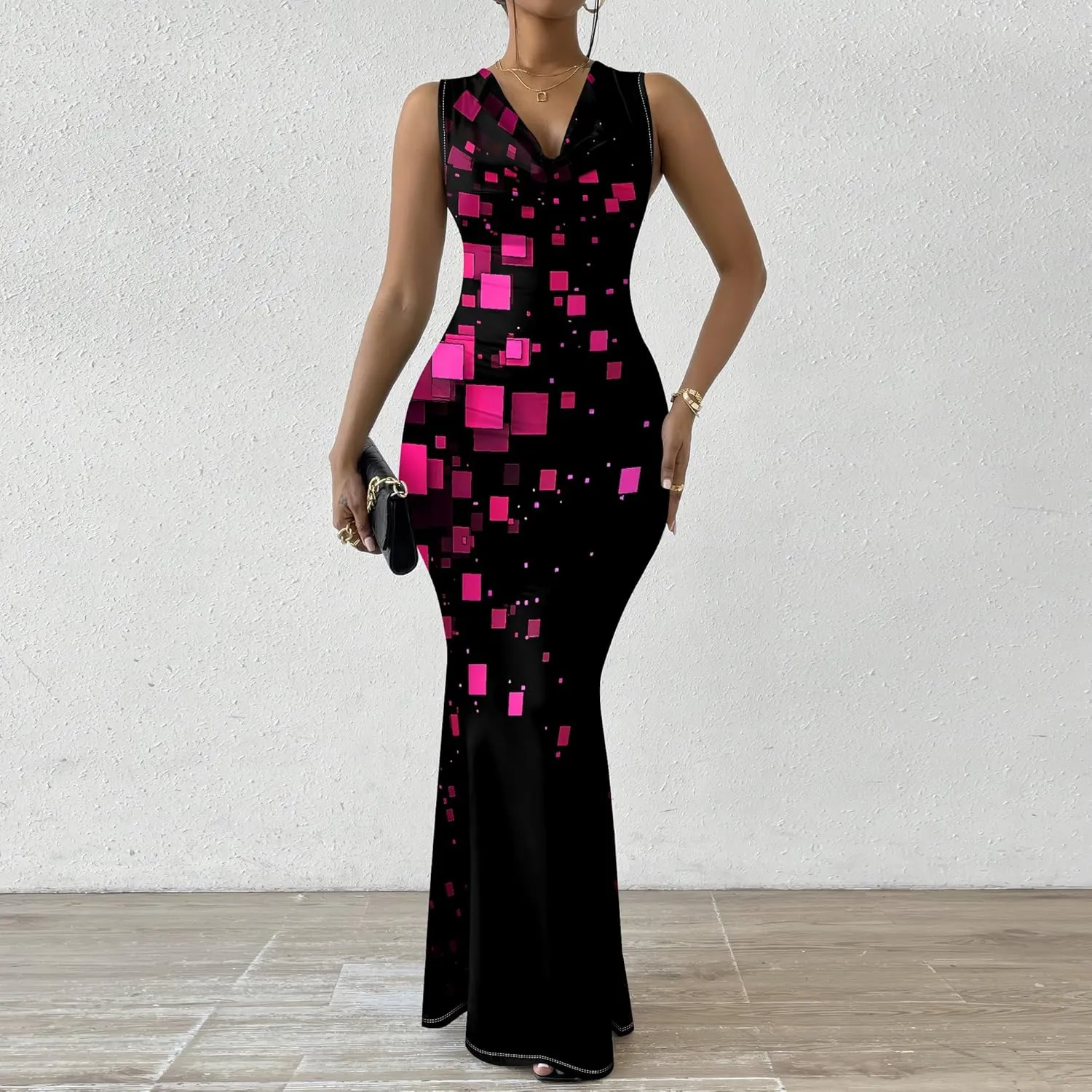 Women's Sexy V Neck Sleeveless Fitted Dress Elegant Curve Pencil Skirt Beach Party Sundress Festival Evening Dress
