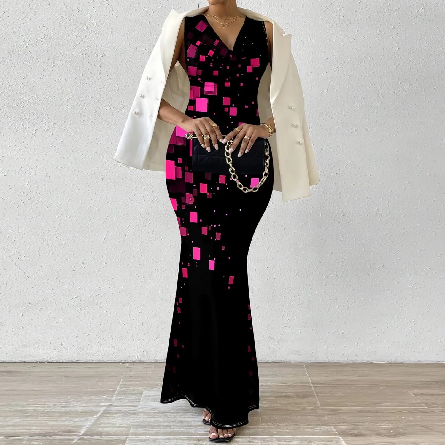 Women's Sexy V Neck Sleeveless Fitted Dress Elegant Curve Pencil Skirt Beach Party Sundress Festival Evening Dress