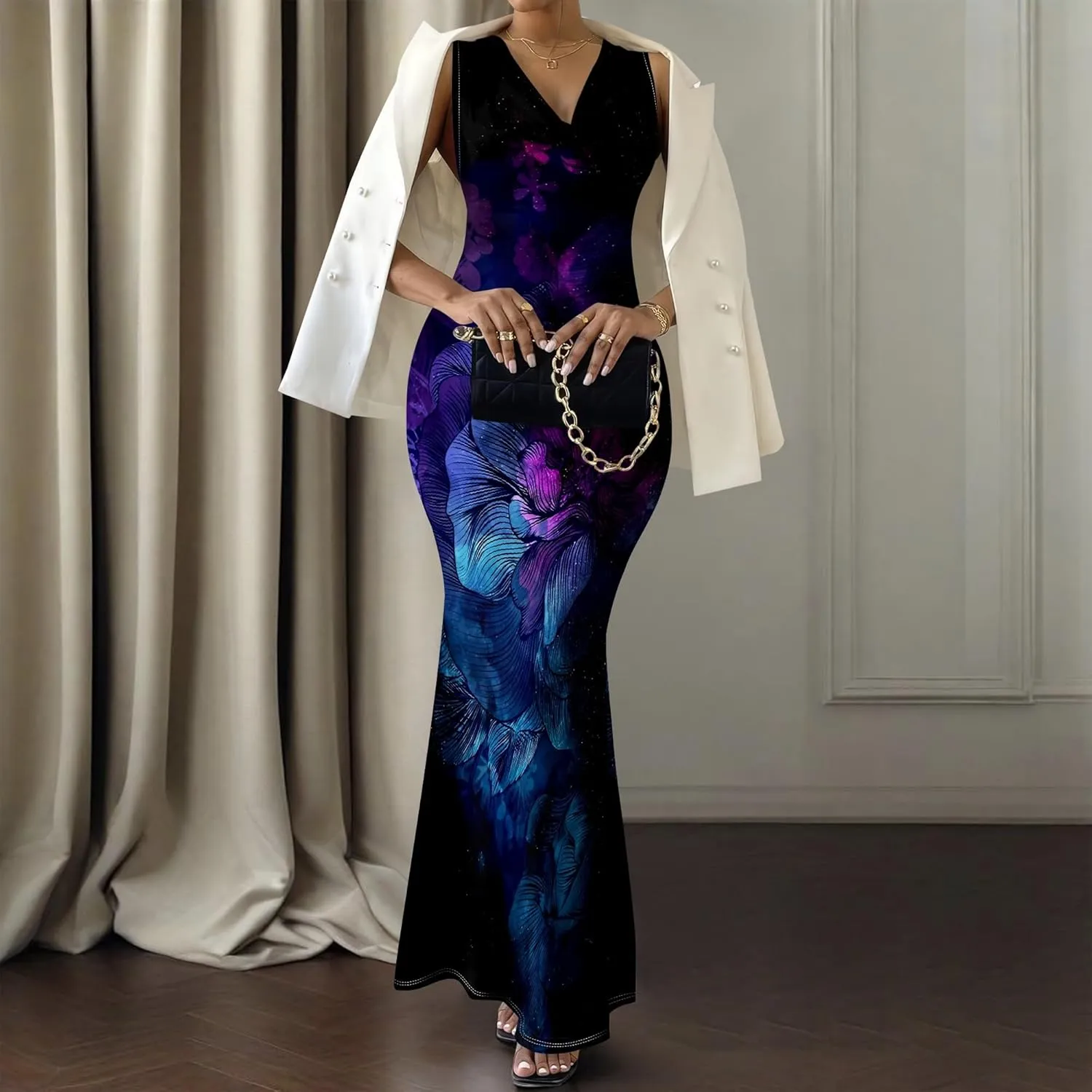 Women's Sexy V Neck Sleeveless Fitted Dress Elegant Curve Pencil Skirt Beach Party Sundress Festival Evening Dress