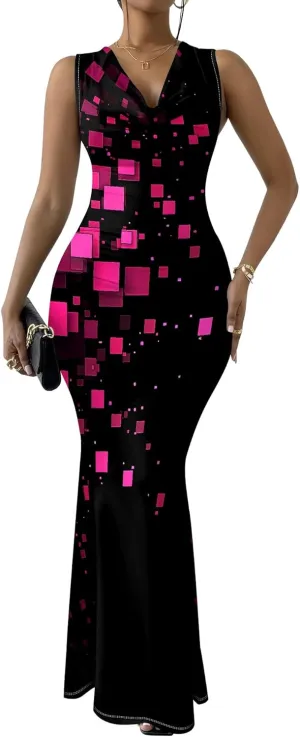 Women's Sexy V Neck Sleeveless Fitted Dress Elegant Curve Pencil Skirt Beach Party Sundress Festival Evening Dress