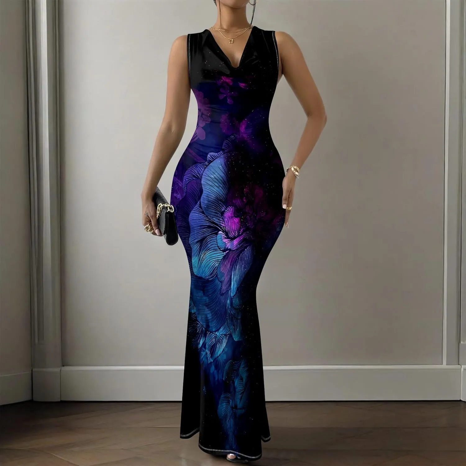 Women's Sexy V Neck Sleeveless Fitted Dress Elegant Curve Pencil Skirt Beach Party Sundress Festival Evening Dress