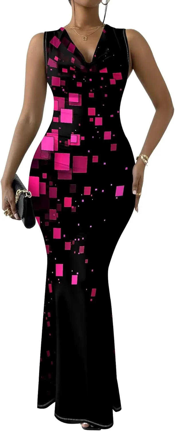 Women's Sexy V Neck Sleeveless Fitted Dress Elegant Curve Pencil Skirt Beach Party Sundress Festival Evening Dress