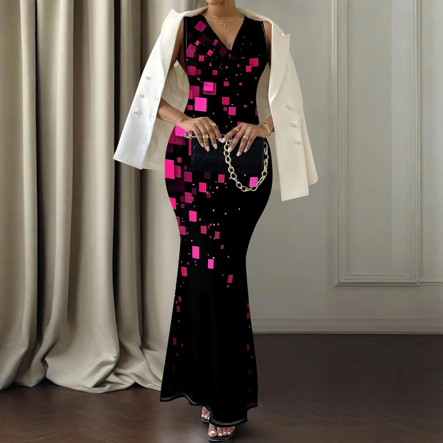 Women's Sexy V Neck Sleeveless Fitted Dress Elegant Curve Pencil Skirt Beach Party Sundress Festival Evening Dress