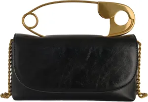 Women's Small Black Soft Pin Shaped Vegan Leather Crossbody Purse Bag with Gold Metallic Handles & Chain