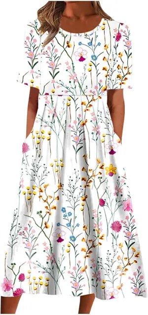 Womens Summer Casual Round Neck Half Sleeve Floral Printed Dresses with Pockets Tiered Flowy Long Dress