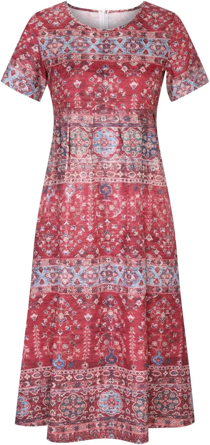 Womens Summer Casual Round Neck Half Sleeve Floral Printed Dresses with Pockets Tiered Flowy Long Dress
