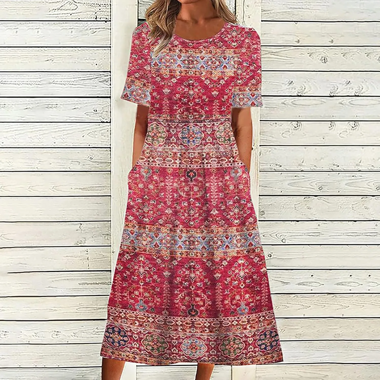 Womens Summer Casual Round Neck Half Sleeve Floral Printed Dresses with Pockets Tiered Flowy Long Dress
