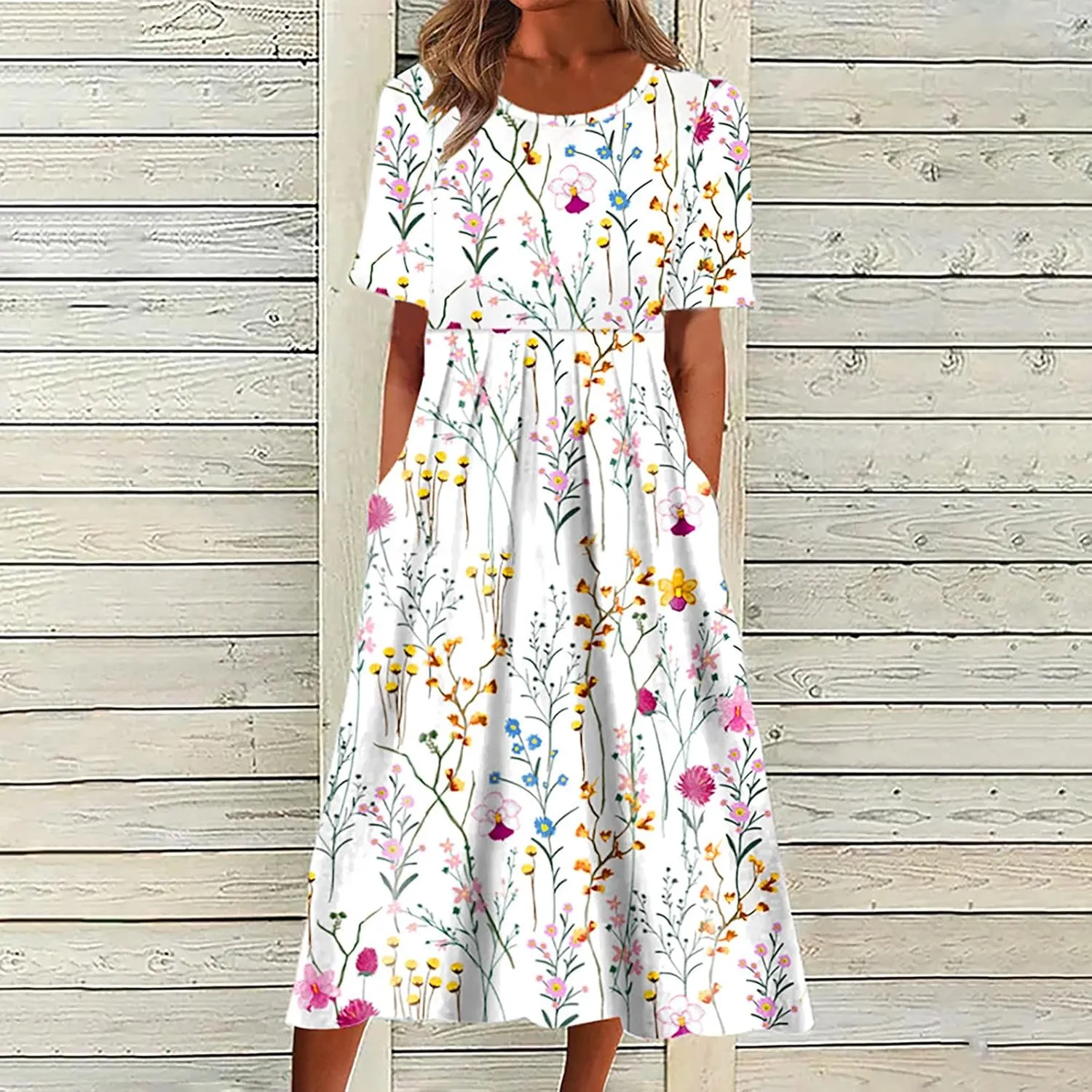 Womens Summer Casual Round Neck Half Sleeve Floral Printed Dresses with Pockets Tiered Flowy Long Dress