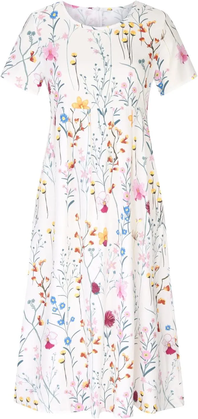 Womens Summer Casual Round Neck Half Sleeve Floral Printed Dresses with Pockets Tiered Flowy Long Dress