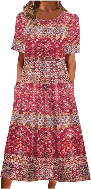 Womens Summer Casual Round Neck Half Sleeve Floral Printed Dresses with Pockets Tiered Flowy Long Dress