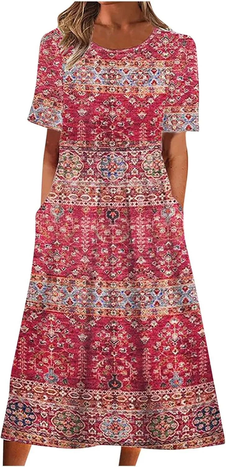 Womens Summer Casual Round Neck Half Sleeve Floral Printed Dresses with Pockets Tiered Flowy Long Dress