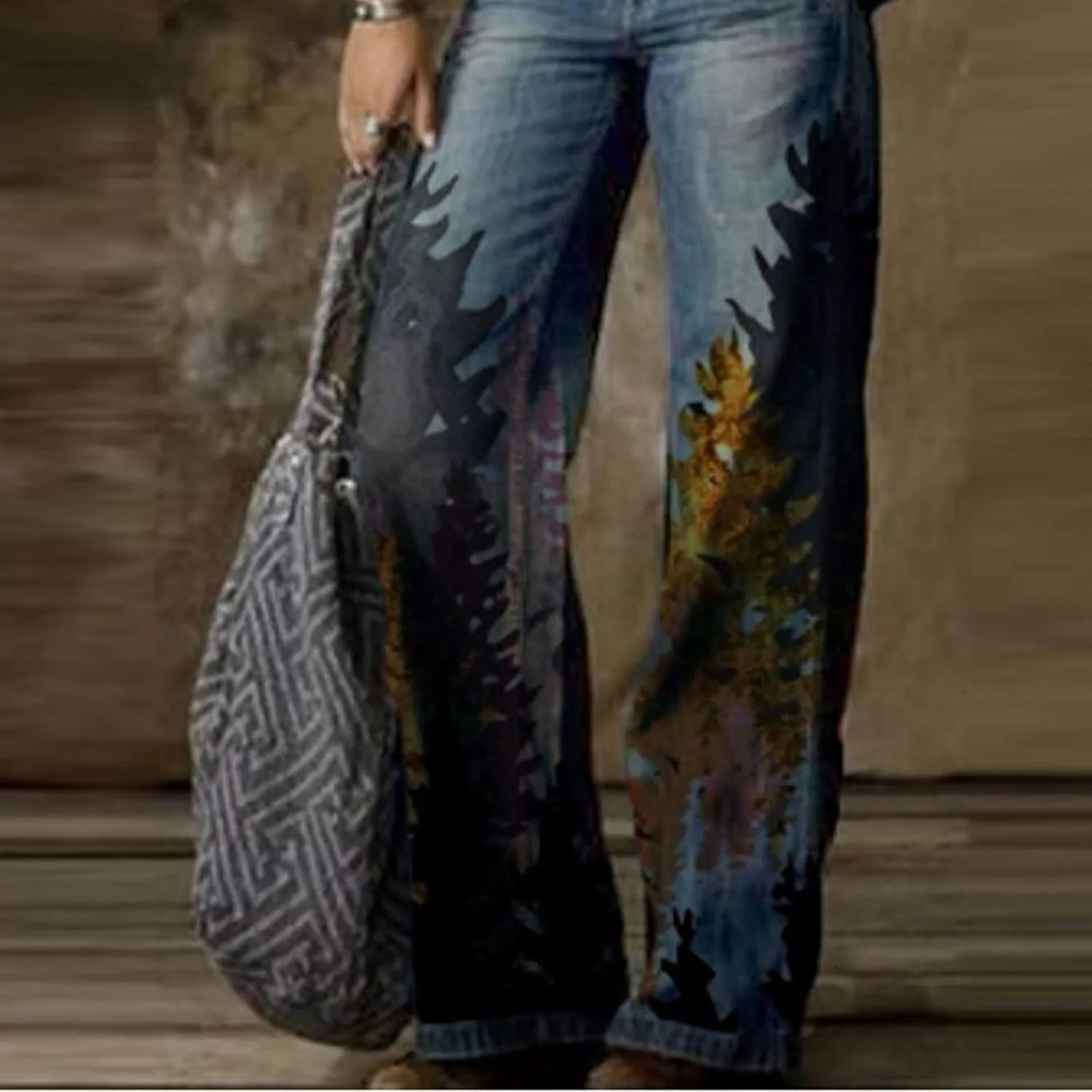Women's Vintage Floral Printed Baggy Y2K Jeans with Belt - Wide-Leg Denim Pants
