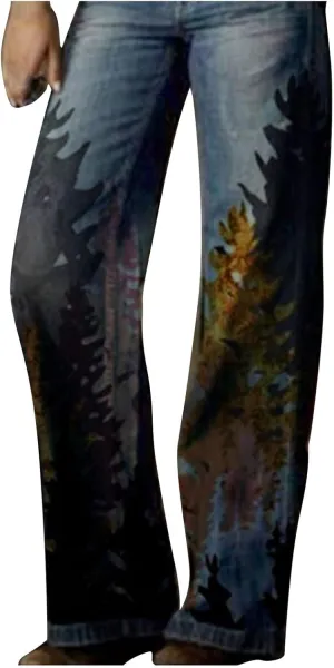 Women's Vintage Floral Printed Baggy Y2K Jeans with Belt - Wide-Leg Denim Pants