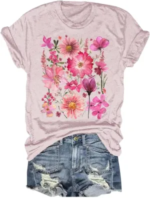 Women's Vintage Flowers Shirt Casual Boho Floral Printed T-Shirt Sunflower Wildflowers Graphic Tees Tops for Girl