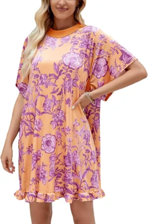 Women's Vintage Velvet Dress Round Neck Short Sleeve Floral Printed Mini Flowy Dress