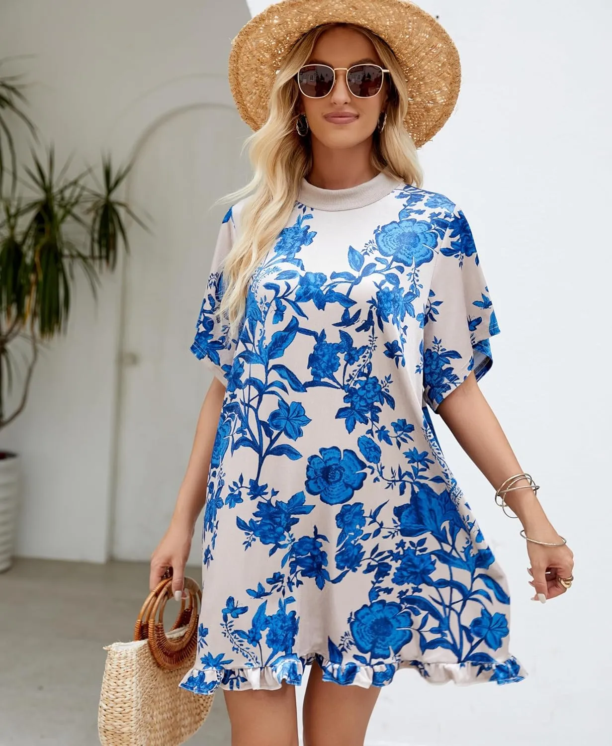 Women's Vintage Velvet Dress Round Neck Short Sleeve Floral Printed Mini Flowy Dress