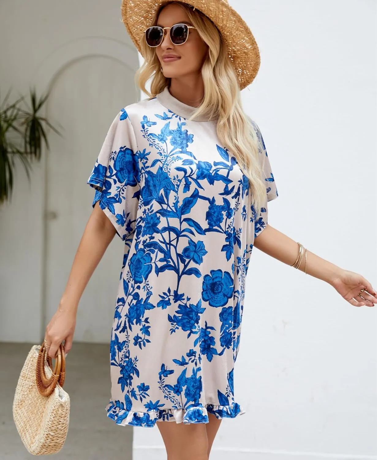 Women's Vintage Velvet Dress Round Neck Short Sleeve Floral Printed Mini Flowy Dress