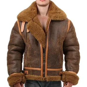 WWII Mens Flying B3 Brown Leather Aviator Jacket