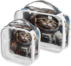 xigua Astronaut Cat Travel Makeup Bag Set - 2 Pcs Clear Quart Size Toiletry Bags with Zipper, Carry On Compliant Bags for Men Women
