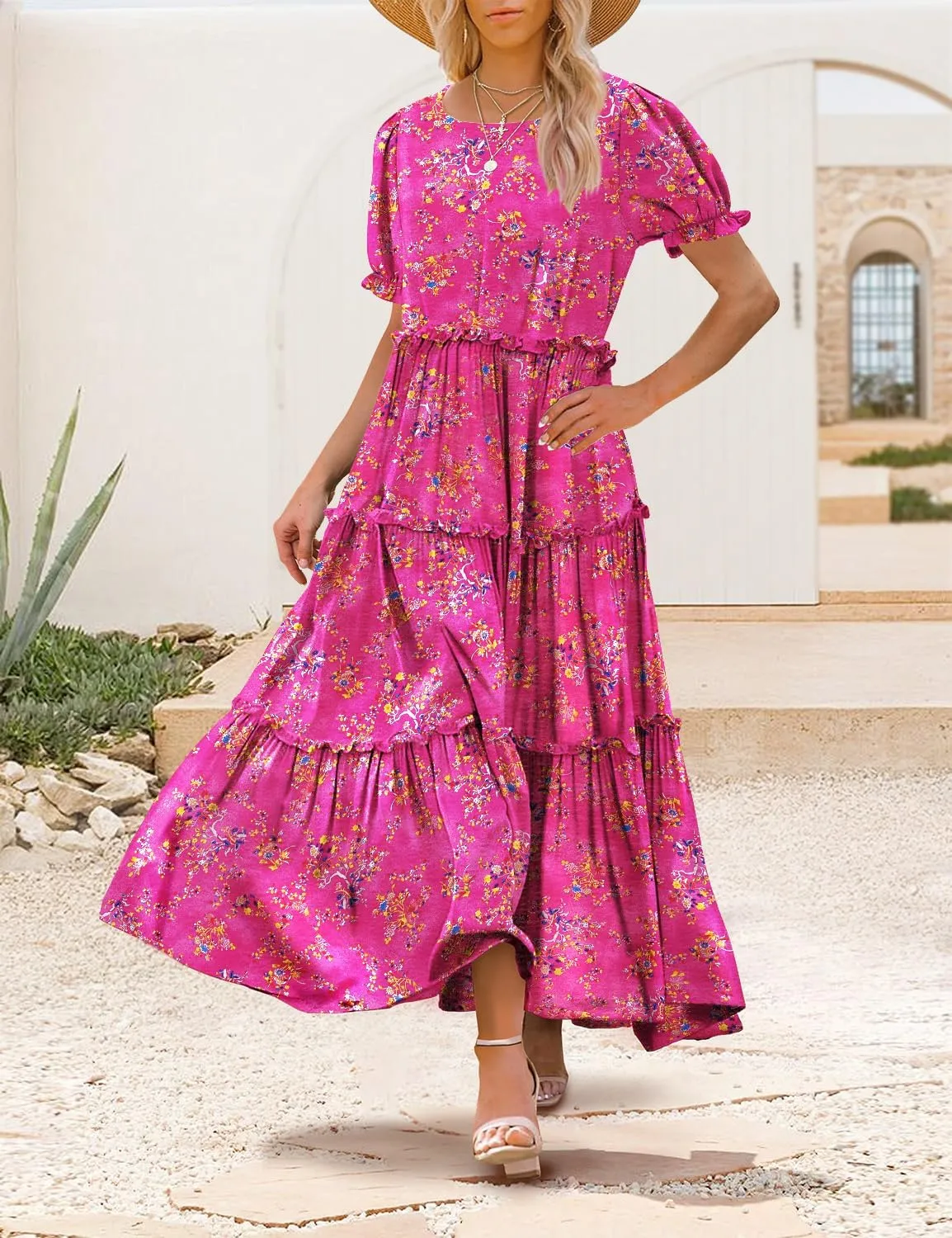 YESNO Summer Casual Bohemian Floral Dresses for Women Puff Short Sleeve Long Maxi Dress with Pockets ETX