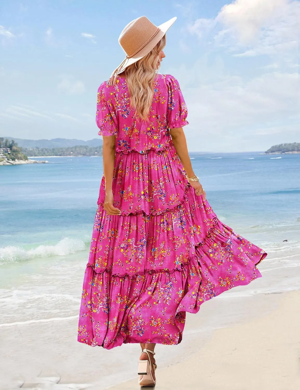 YESNO Summer Casual Bohemian Floral Dresses for Women Puff Short Sleeve Long Maxi Dress with Pockets ETX