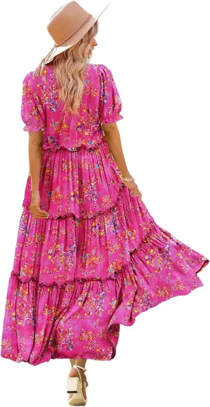 YESNO Summer Casual Bohemian Floral Dresses for Women Puff Short Sleeve Long Maxi Dress with Pockets ETX