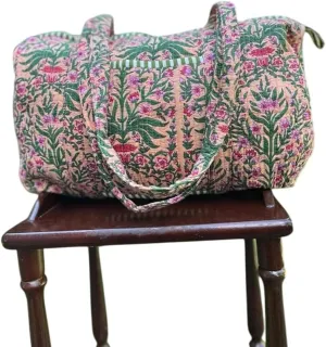 Yille Handmade Cotton Block Print Duffle Travel Bag Gym Yoga Bag,Quilted Bag Everyday use Gift for Someone Special Occasionally (Biege Temple)
