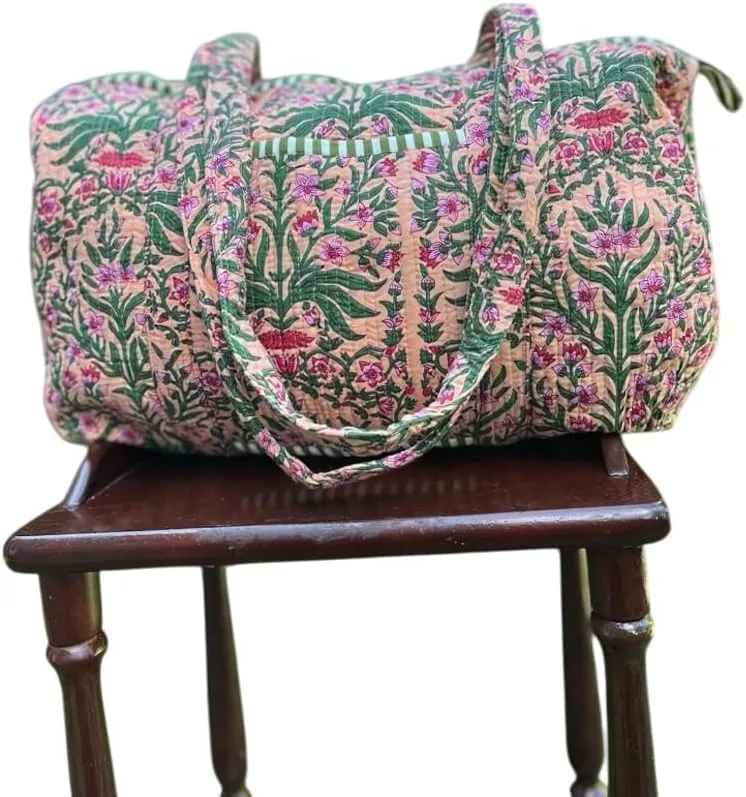Yille Handmade Cotton Block Print Duffle Travel Bag Gym Yoga Bag,Quilted Bag Everyday use Gift for Someone Special Occasionally (Biege Temple)