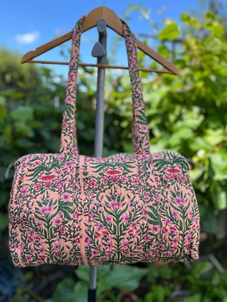 Yille Handmade Cotton Block Print Duffle Travel Bag Gym Yoga Bag,Quilted Bag Everyday use Gift for Someone Special Occasionally (Biege Temple)