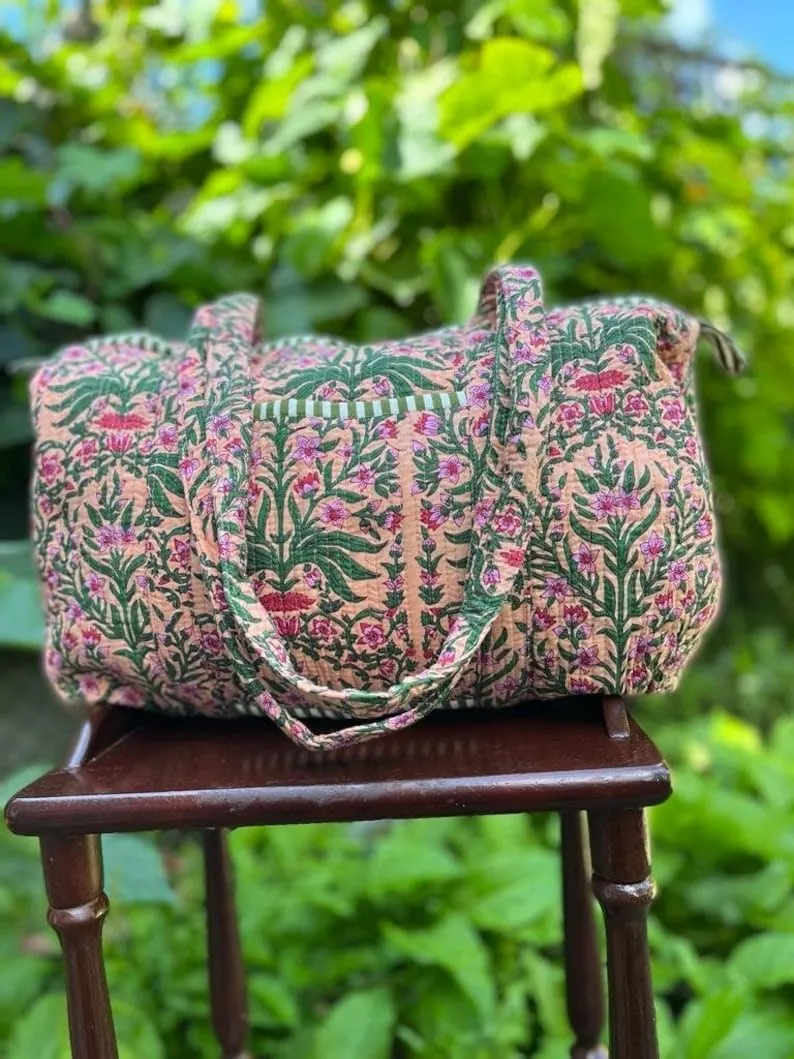 Yille Handmade Cotton Block Print Duffle Travel Bag Gym Yoga Bag,Quilted Bag Everyday use Gift for Someone Special Occasionally (Biege Temple)