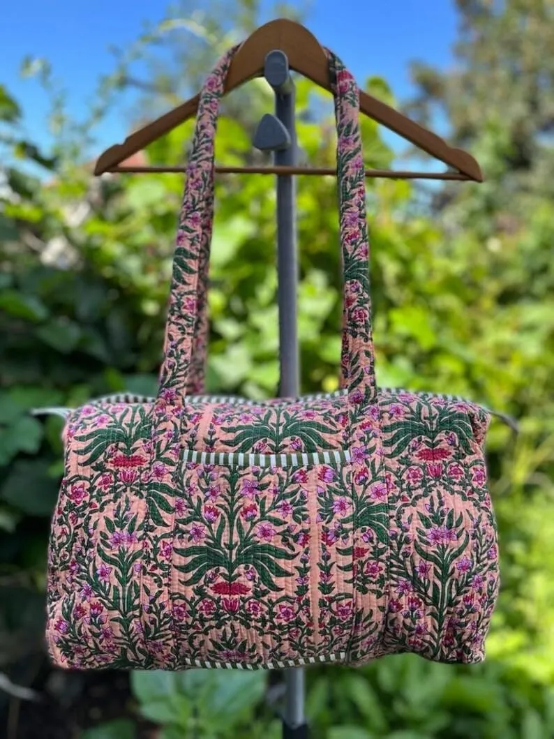 Yille Handmade Cotton Block Print Duffle Travel Bag Gym Yoga Bag,Quilted Bag Everyday use Gift for Someone Special Occasionally (Biege Temple)
