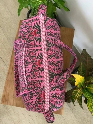 Yille Handmade Cotton Block Print Duffle Travel Bag Gym Yoga Bag,Quilted Bag Everyday use Gift for Someone Special Occasionally (Pink Temple)